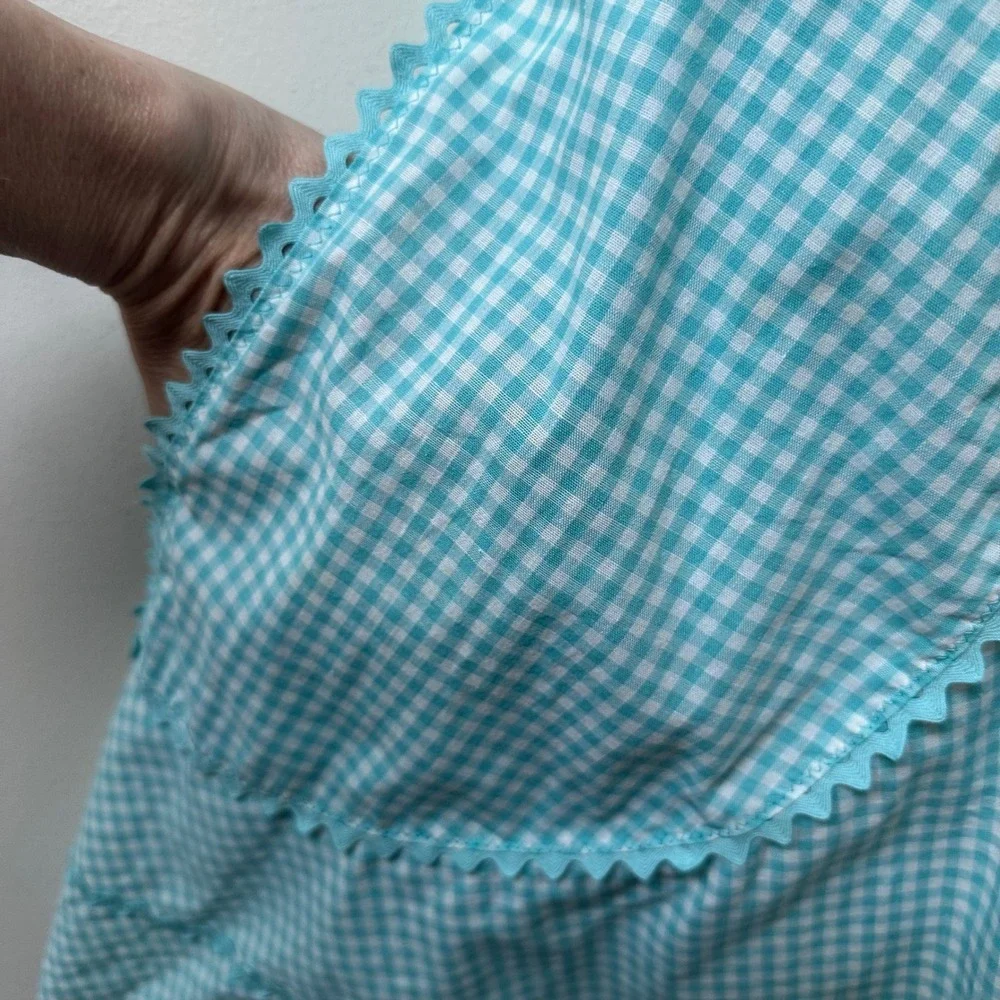 Vintage Handmade Teal Gingham Half Apron Rickrack Trim Pockets Retro Rockabilly